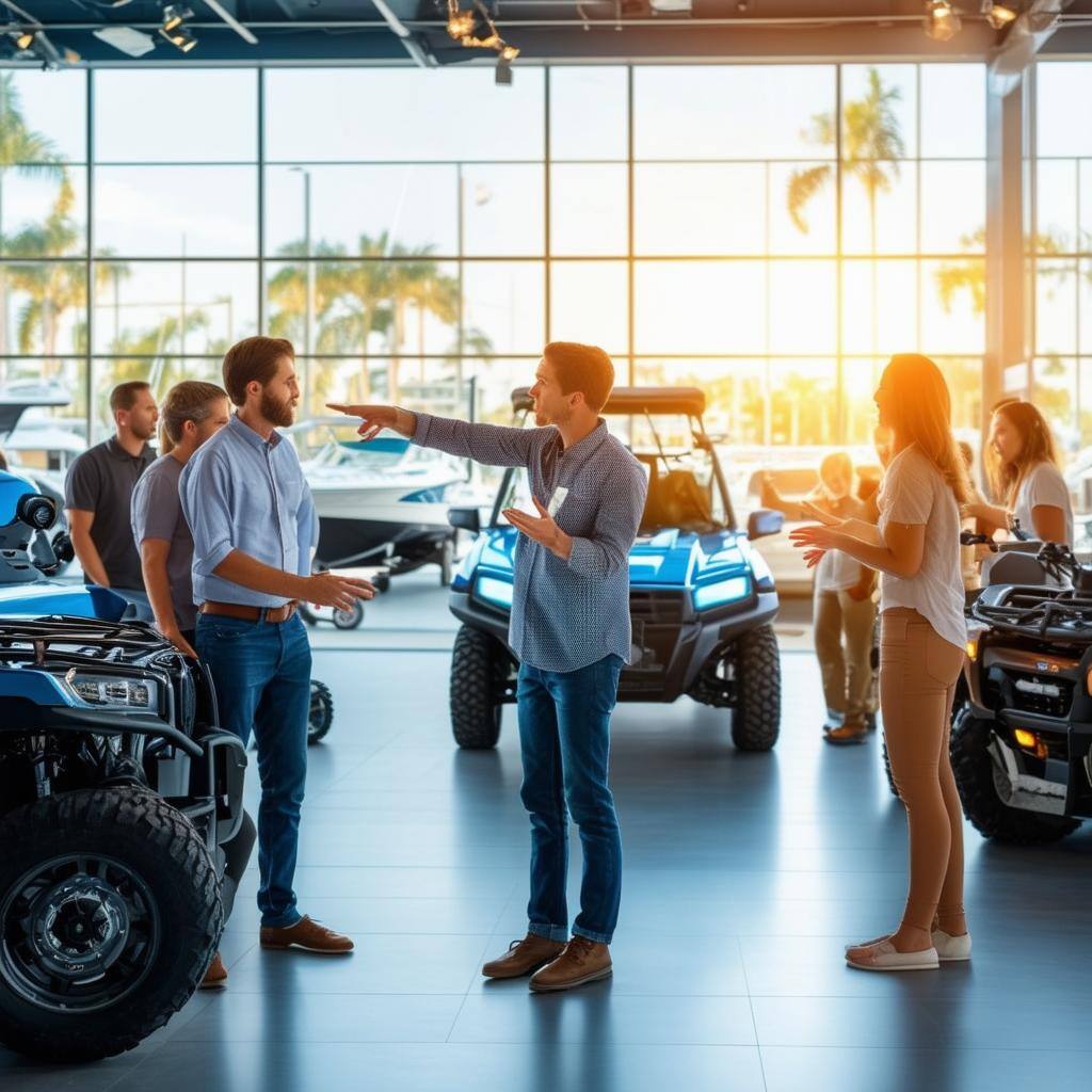 A sleek, modern dealership showroom filled with bright lights and glass displays showcases various boats, RVs, and ATVs